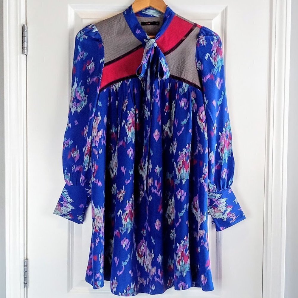 Lux Blue Magenta Crochet Yoke Tie Neck Silk Mini Dress